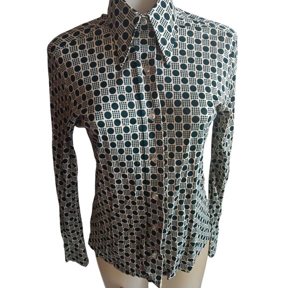 Vintage Medium Blouse 70's Geo Print Button-Up Long Sleeve Womens Top True Mod - Picture 2 of 7